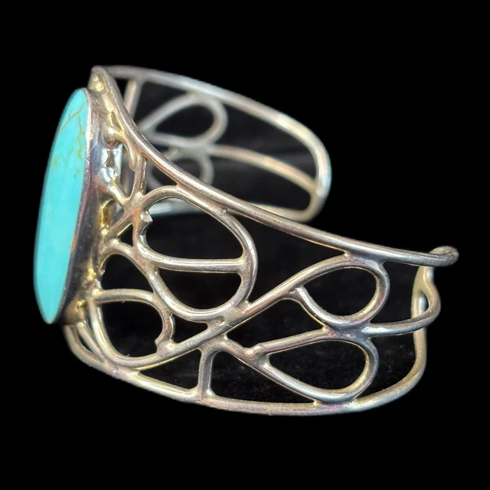 Faux Turquoise Oval Stone Openwork Silver-Toned Cuff